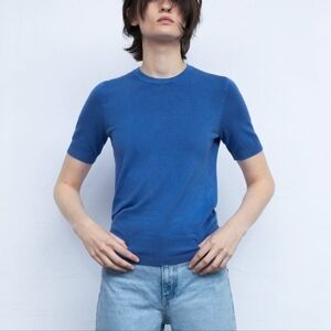 Zara Crew Neck Royal Blue Short Sleeve Knit Sweater Top